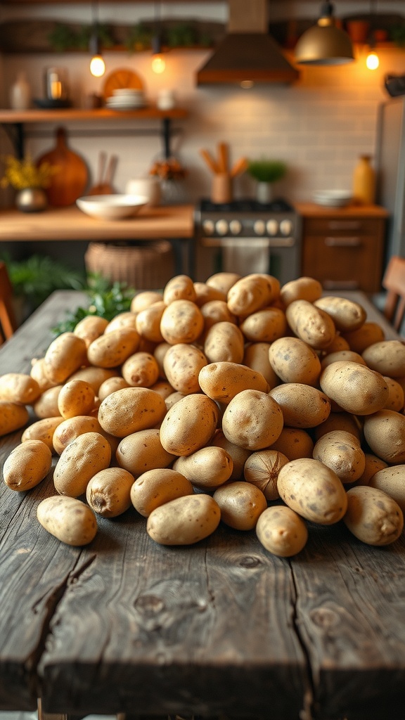 Various potatoes on a wooden table in a cozy kitchen setting.